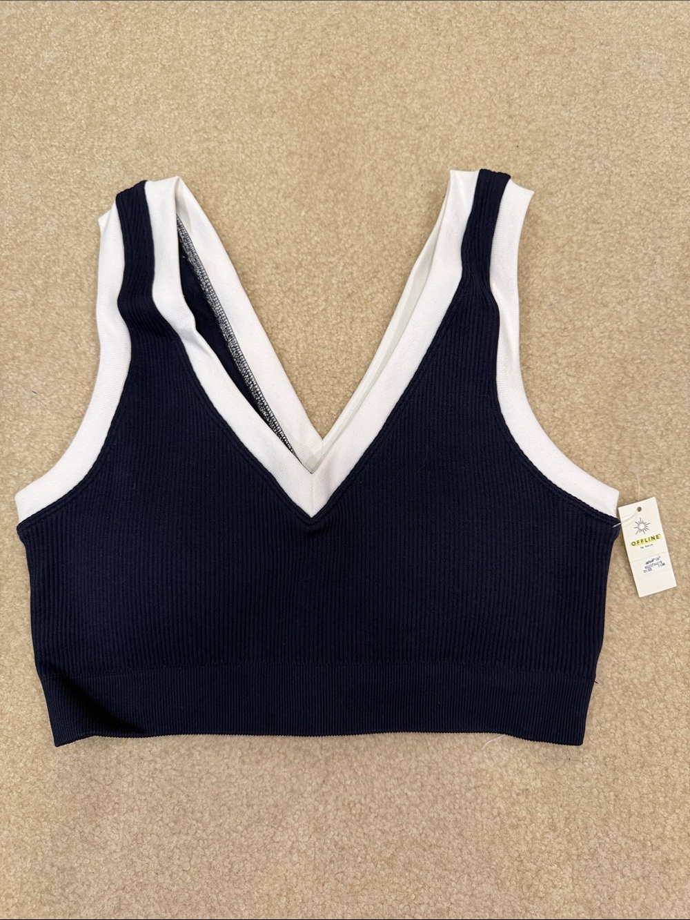 Sleeveless Ribbed V-Neck Bralette - Navy and White